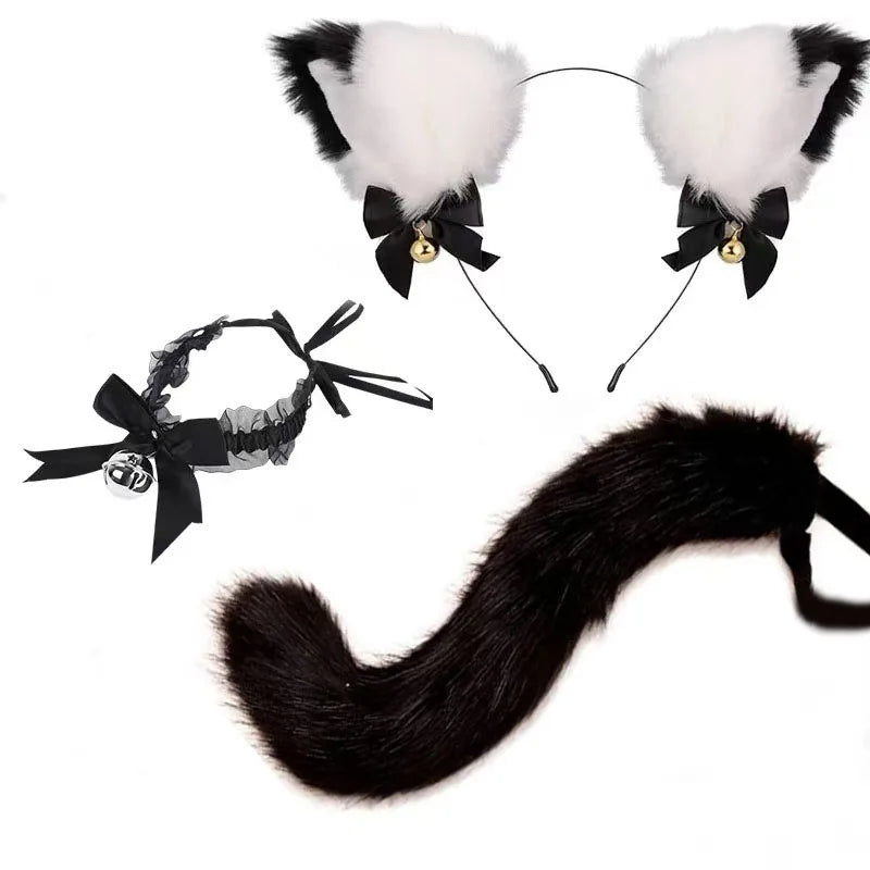 Black furry cat ear headband and tail costume set with black bow details