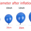 A row of blue latex balloons showing diameters of 5, 10, 12, and 18 inches.