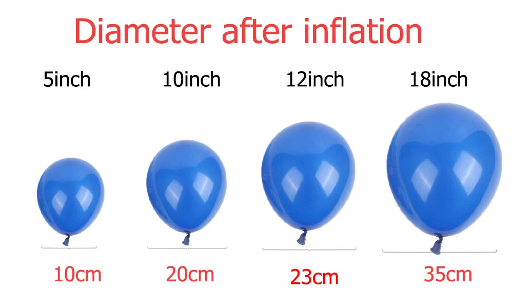 A row of blue latex balloons showing diameters of 5, 10, 12, and 18 inches.