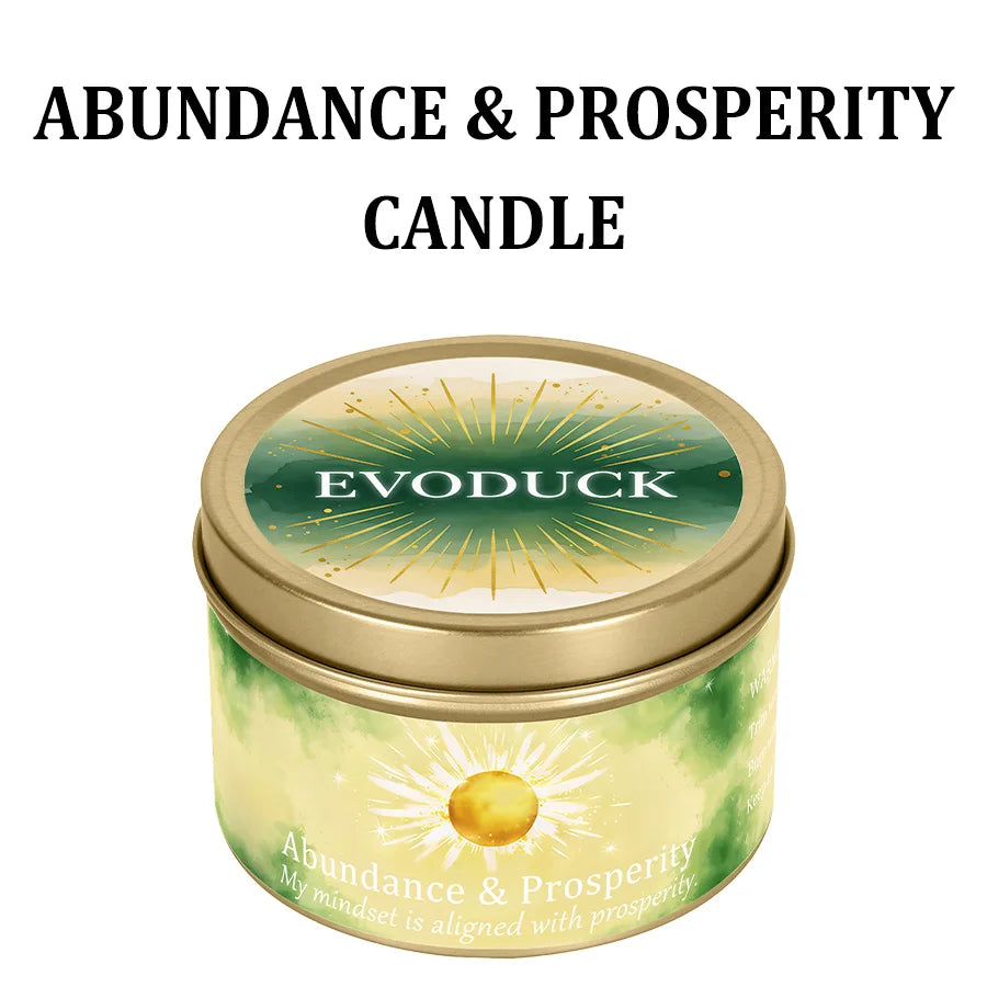 A jar of Evoduck abundance and prosperity candle with a gold lid and green label.