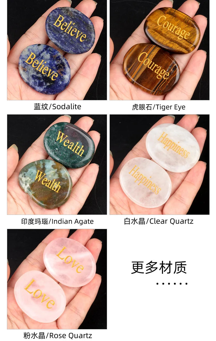 A collection of natural crystal ellipses including Believery, Courage, Wealth, Happiness, Love, and Clear Quartz.