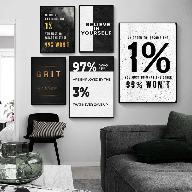 A gallery wall featuring motivational quotes about grit and self-belief on black and white canvas prints.