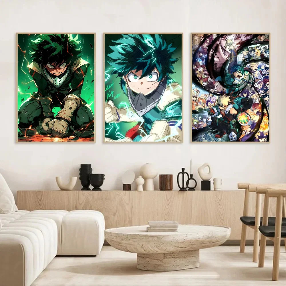 A set of three posters featuring Izuku Midoriya Deku from My Hero Academia in various poses and colors.