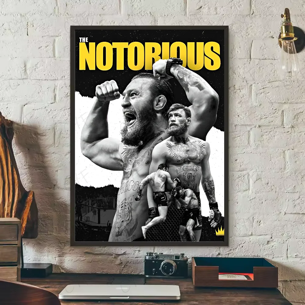 A canvas wall art print featuring a black and white image of Conor McGregor with a beard flexing.