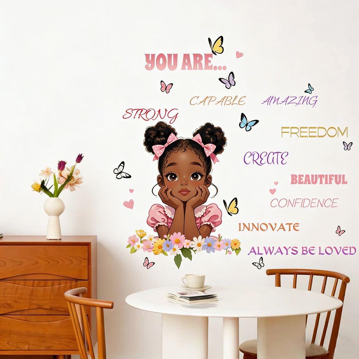 A wall featuring butterfly and motivational words like you are strong capable amazing freedom create beautiful confidence inn
