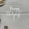 Elegant acrylic birthday cake topper with gold lettering on a stick.