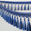 Blue tassel fringe trim with decorative braided edge for curtains and DIY projects