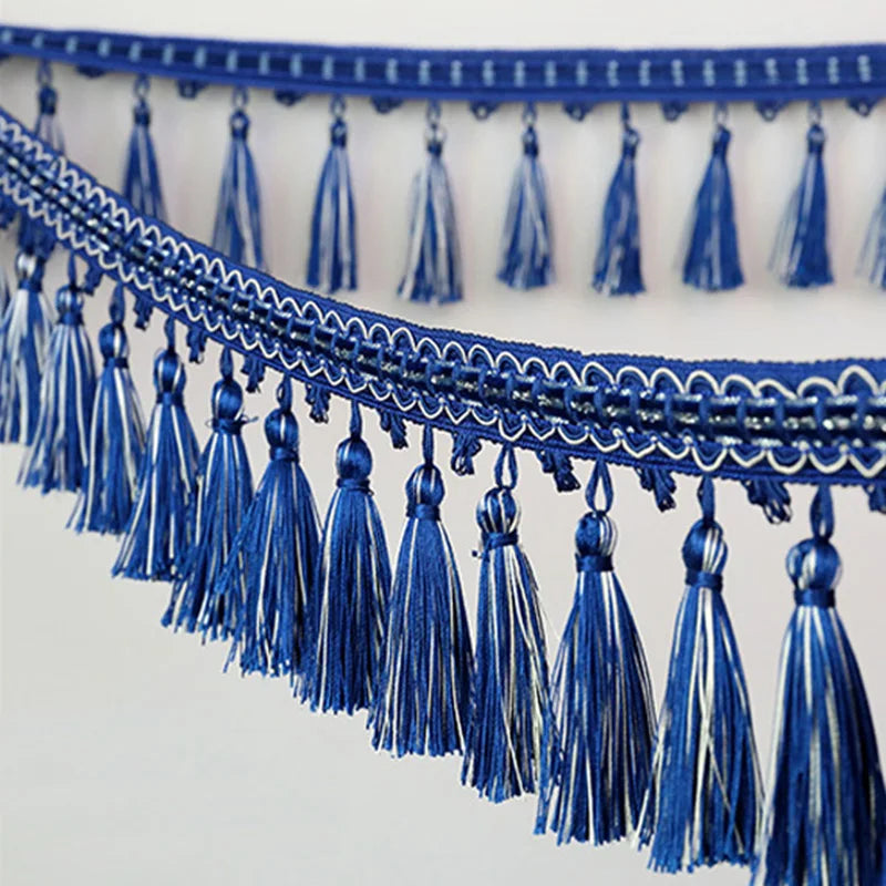 Blue tassel fringe trim with decorative braided edge for curtains and DIY projects