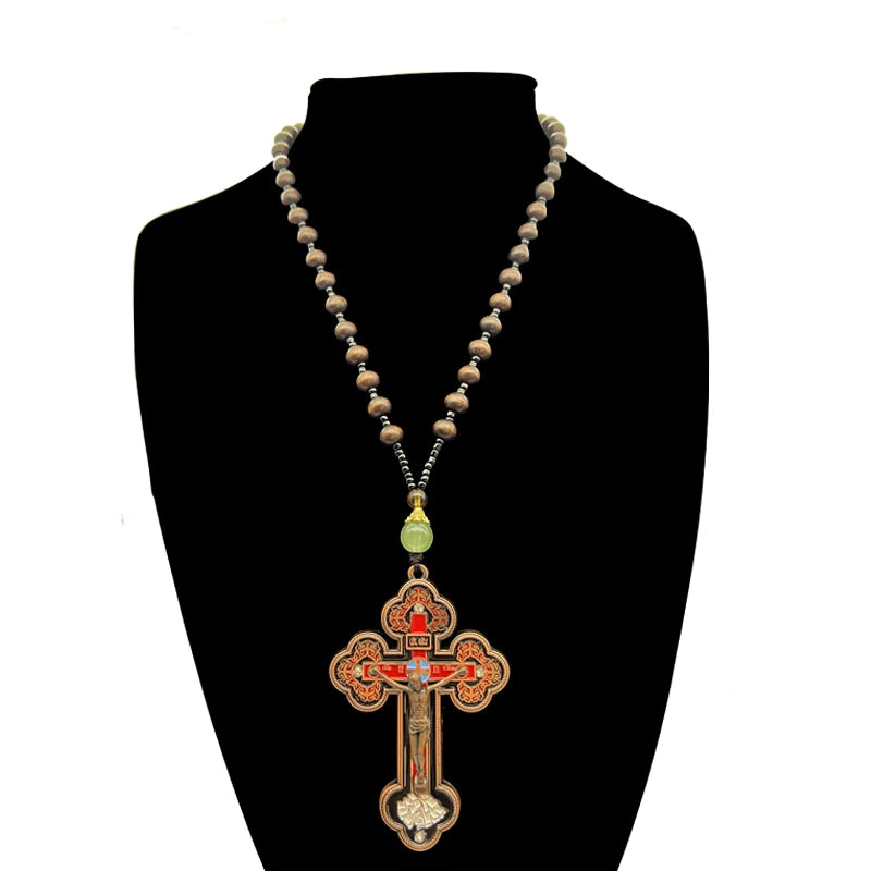Orthodox Crucifix Cross Necklace with Rosary Beads