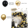 A kit for creating an elegant black and gold balloon garland arch with starburst foil accents, including various sized balloo