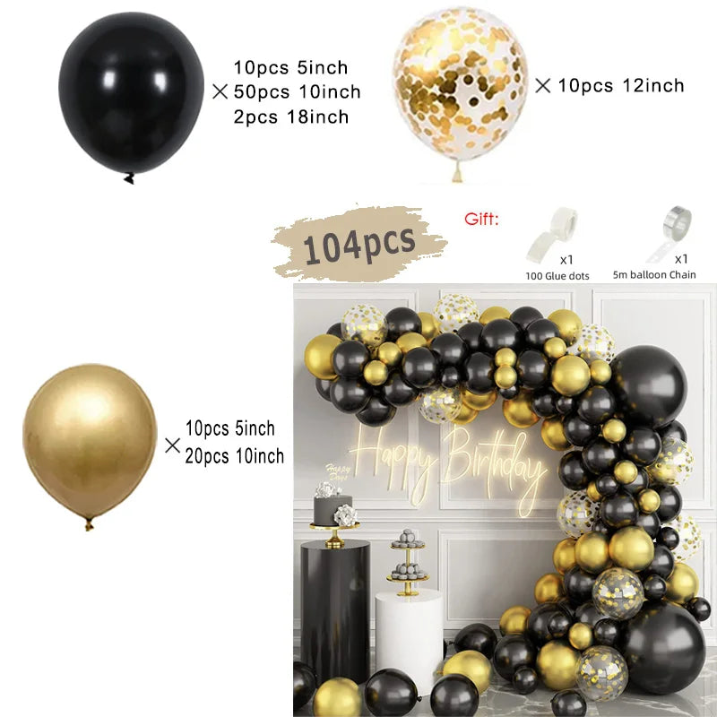 A kit for creating an elegant black and gold balloon garland arch with starburst foil accents, including various sized balloo