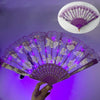 Purple LED dancing hand fan with floral patterns shown open and closed against a purple background