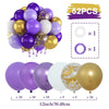 A kit of 52 metallic pearl and confetti balloons in purple, gold, and white colors for party decor.