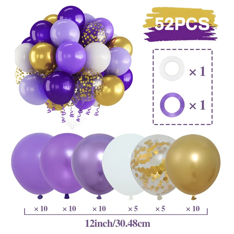 A kit of 52 metallic pearl and confetti balloons in purple, gold, and white colors for party decor.