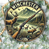 Vintage hunting scene metal wall sign featuring a deer and rifle illustration on a wooden background.