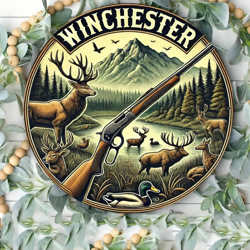 Vintage hunting scene metal wall sign featuring a deer and rifle illustration on a wooden background.