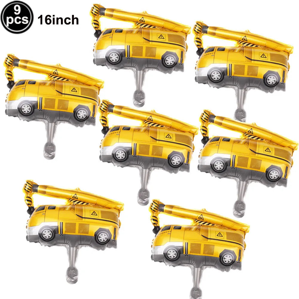 Nine gold and silver construction truck foil balloons for birthday party decor