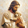 A painting depicting Jesus holding a golden-colored puppy against a light background.