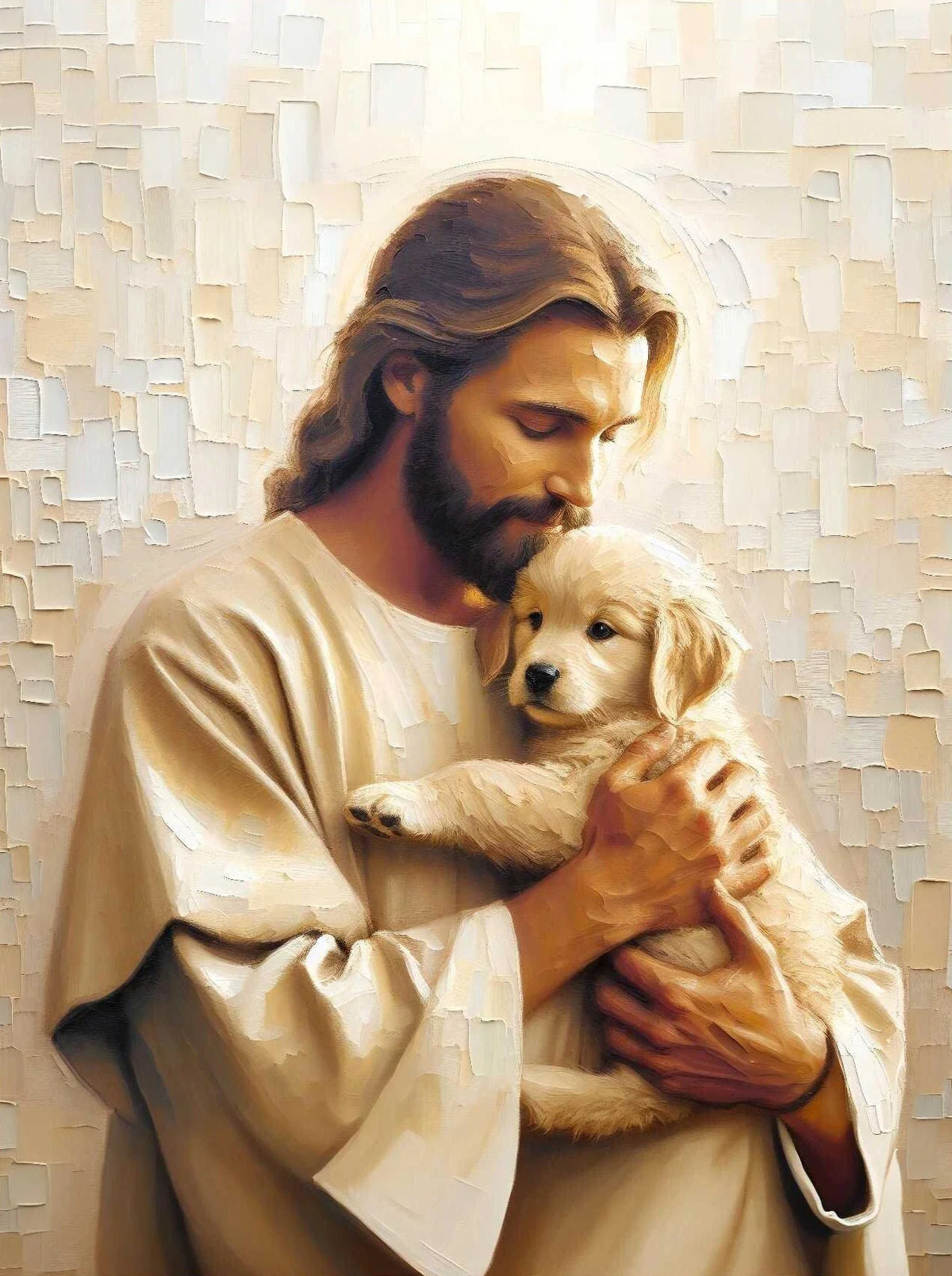 A painting depicting Jesus holding a golden-colored puppy against a light background.