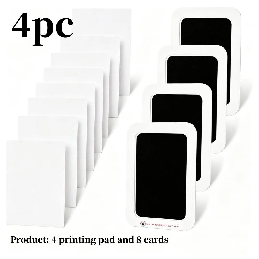 Four printing pads and eight cards arranged in a row.