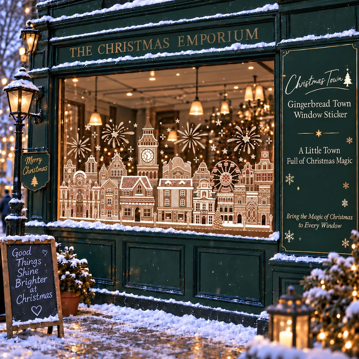 A display of Christmas gingerbread house window stickers and decorations in a storefront window covered with snow.