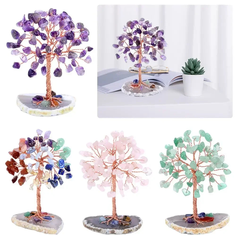 A set of crystal money tree decor featuring purple, pink, and green foliage on natural stone bases.