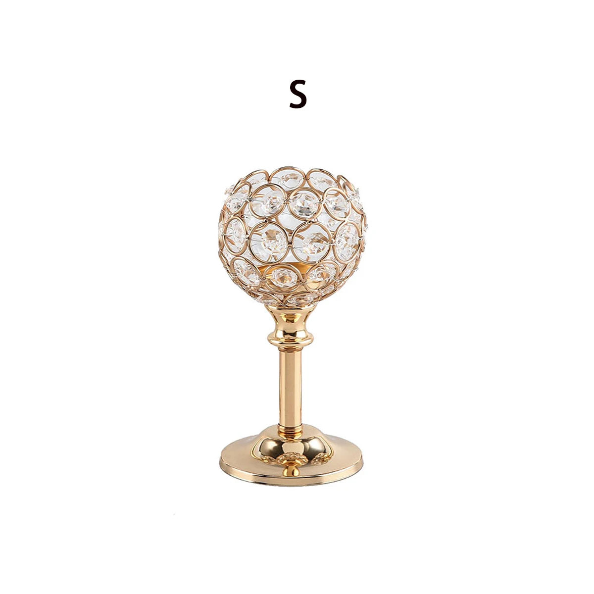 A golden crystal candle holder with a spherical glass top and pedestal base.