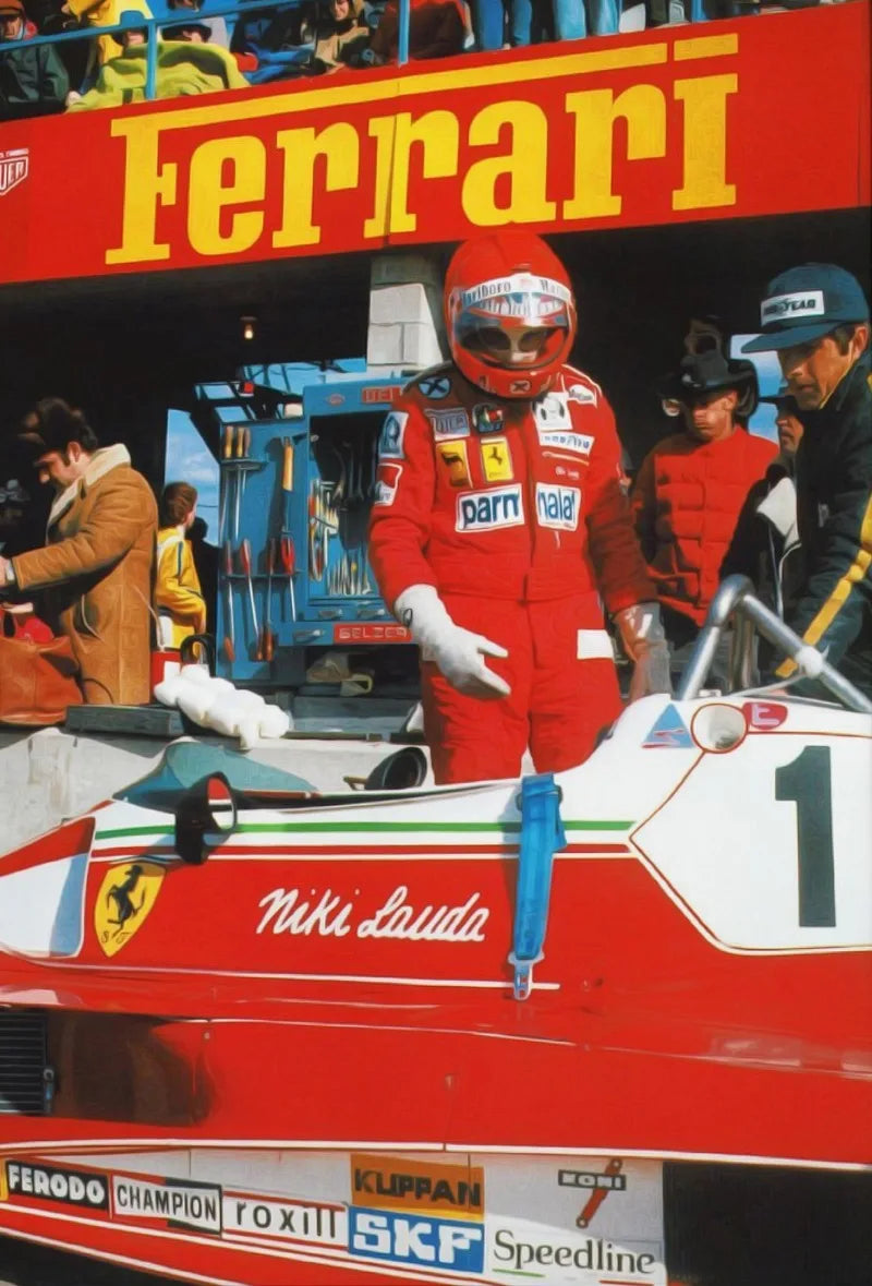 A close-up of a red Ferrari race car with the number 1, featuring sponsors and a driver in racing gear.