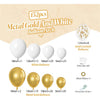 A kit of metal gold and white balloons including various sizes and a ribbon for creating a balloon arch.