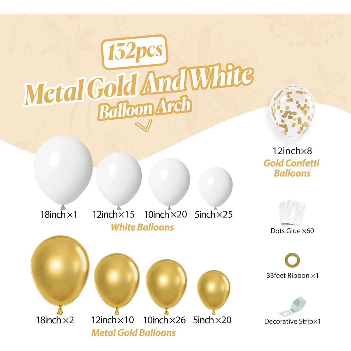 A kit of metal gold and white balloons including various sizes and a ribbon for creating a balloon arch.