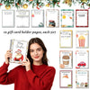 A woman holds a spiral bound gift card holder featuring Christmas and seasonal designs.