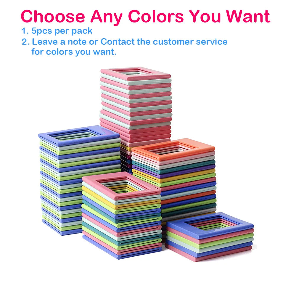 Stacks of colorful magnetic photo frames for Instax mini film display