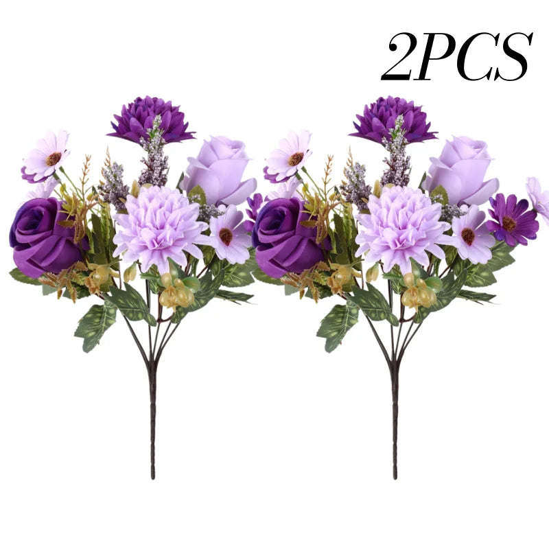 Two artificial silk bouquets featuring purple and lavender roses and daisies.