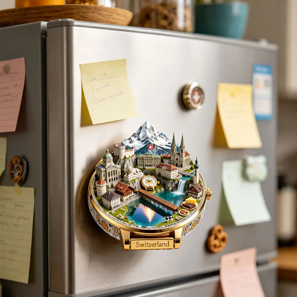 An embossed metal fridge magnet depicting a scenic Swiss mountain landscape and cityscape.