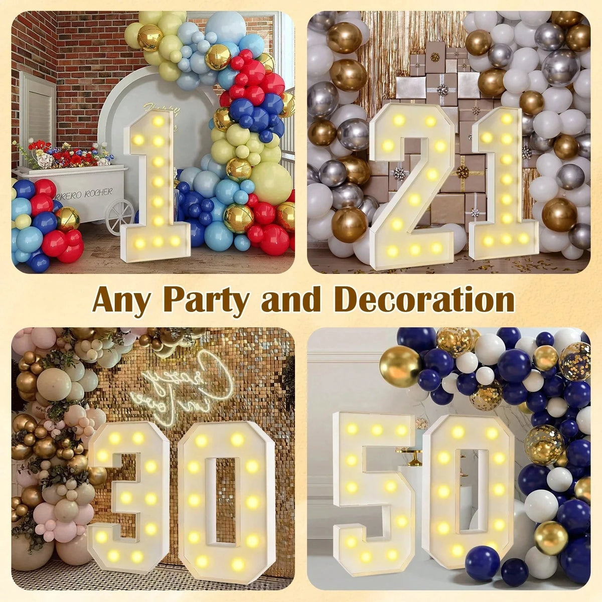 LED marquee number balloon frames in various sizes and colors for birthday and anniversary celebrations