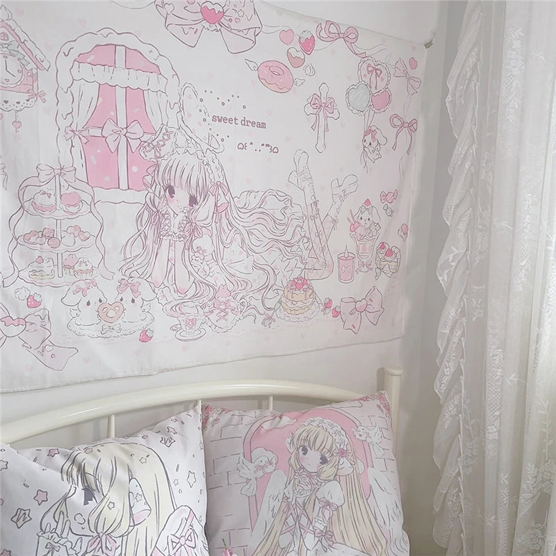 Kawaii cartoon tapestry wall hanging featuring a sweet dream theme with pink and white elements for bedroom décor