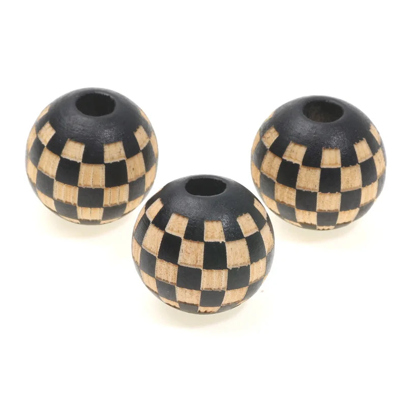 Three natural wooden checkered beads with holes for jewelry making