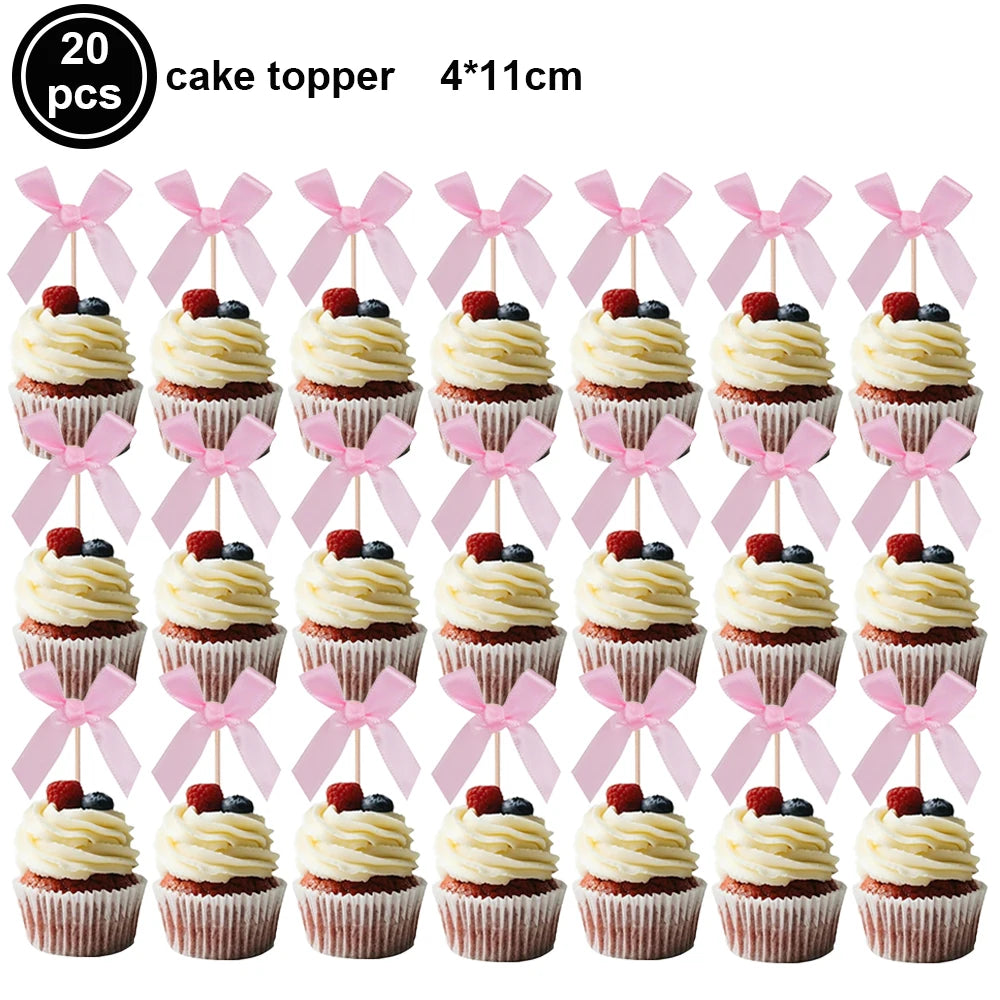 A set of 20 pink bow cupcake toppers measuring 4x11cm.