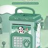 A green electronic ATM piggy bank with a fingerprint lock and various cards for kids.