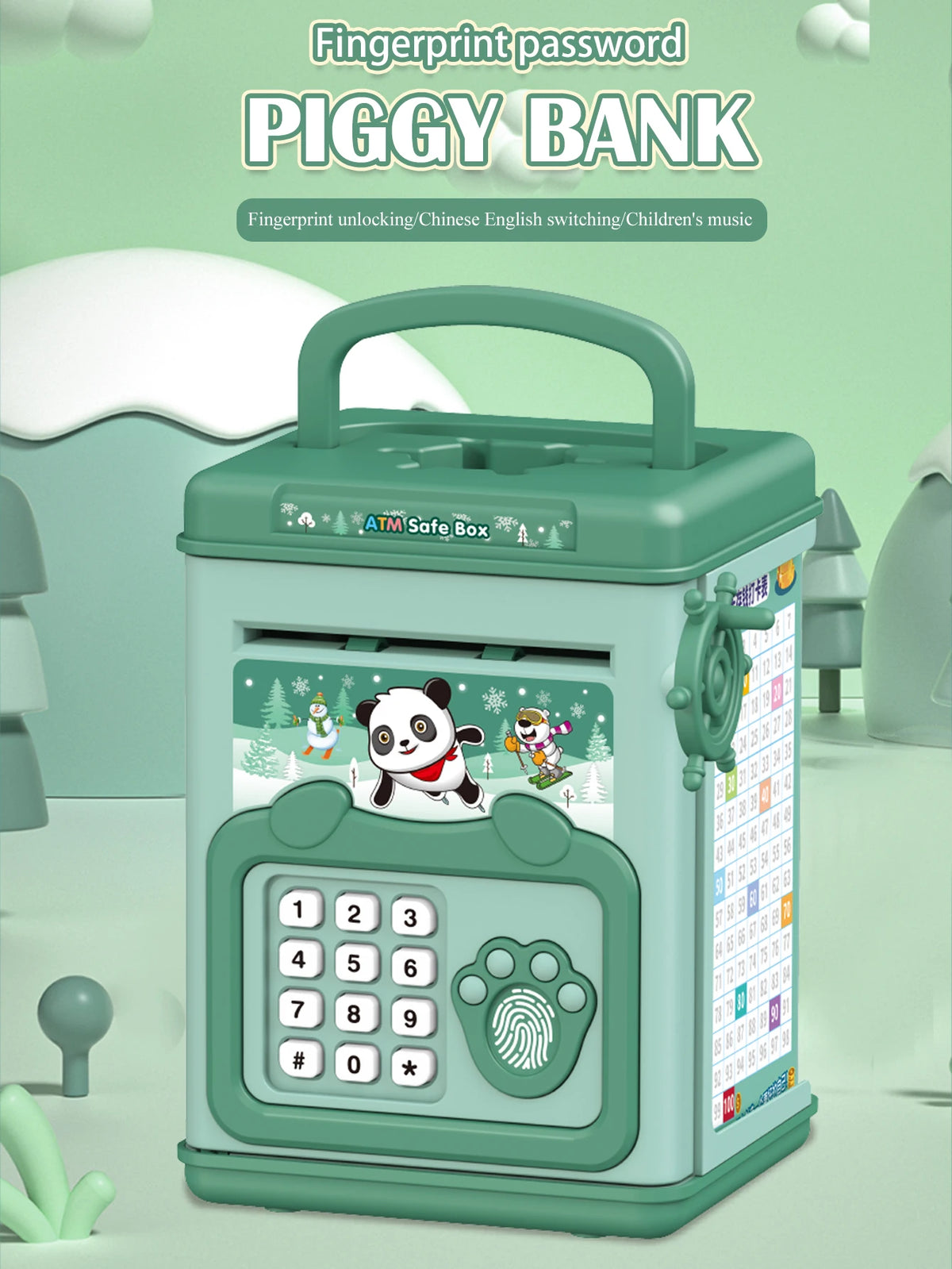 A green electronic ATM piggy bank with a fingerprint lock and various cards for kids.