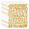 A set of glitter alphabet letter stickers in gold color showing the entire English alphabet.