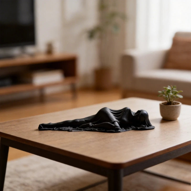 A black, draped reclining female statue sculpture resting on a wooden table.