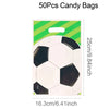 A green striped background features a soccer ball design used for candy bags.