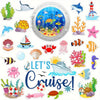 A collection of colorful ocean and sea life magnets including fish, sea turtles, coral, and marine animals.