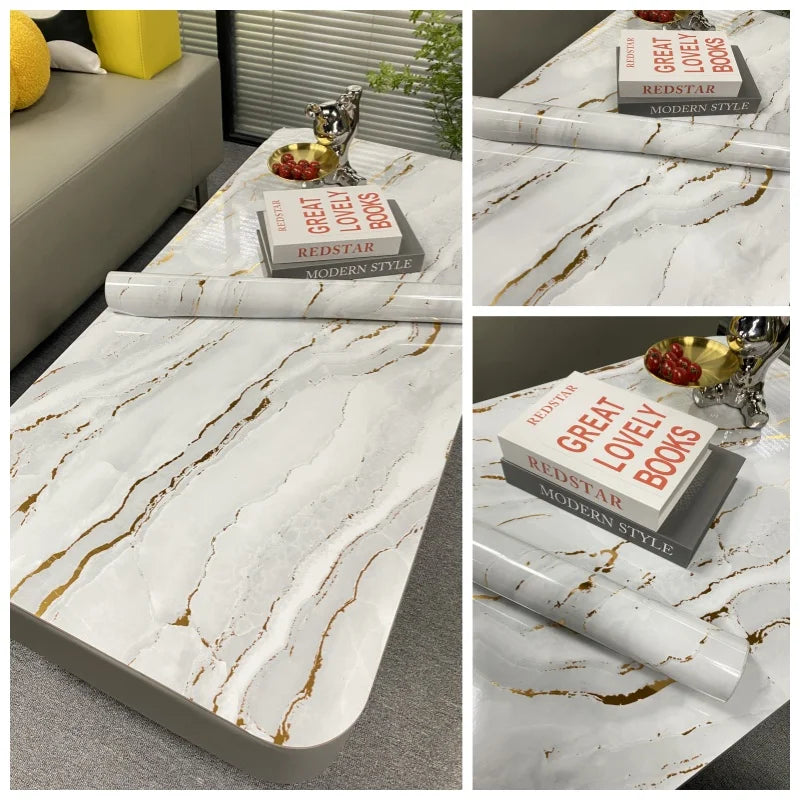 Marble contact paper featuring white and gold veining used for DIY decor projects.