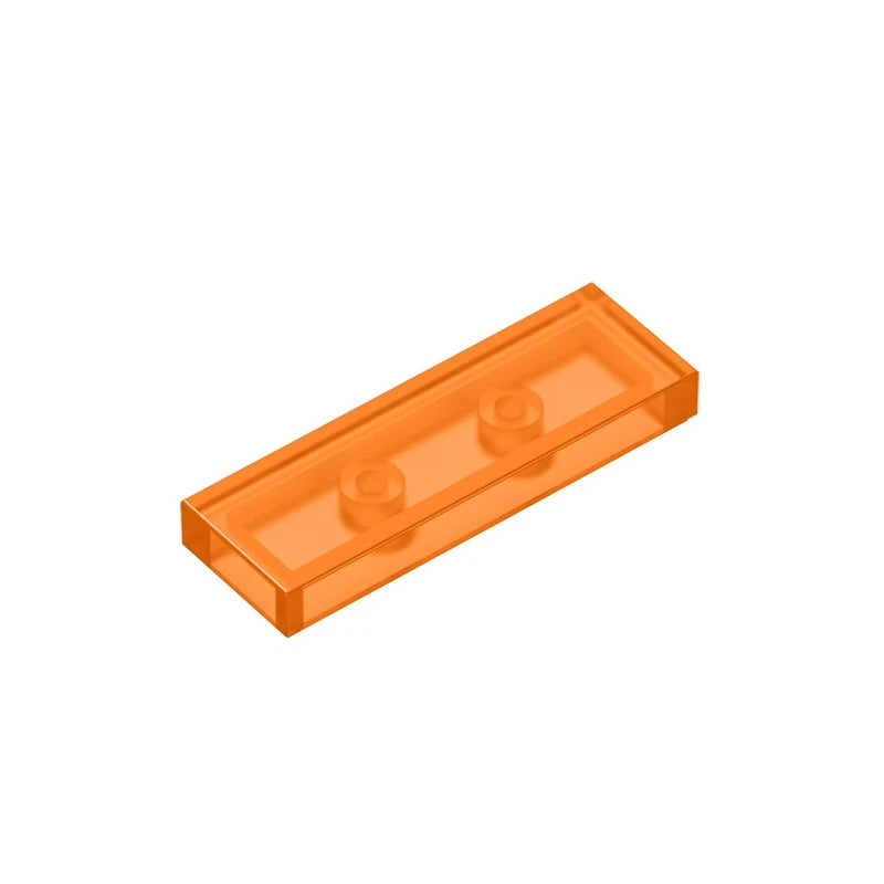 An orange compatible 1x3 smooth tile building brick.