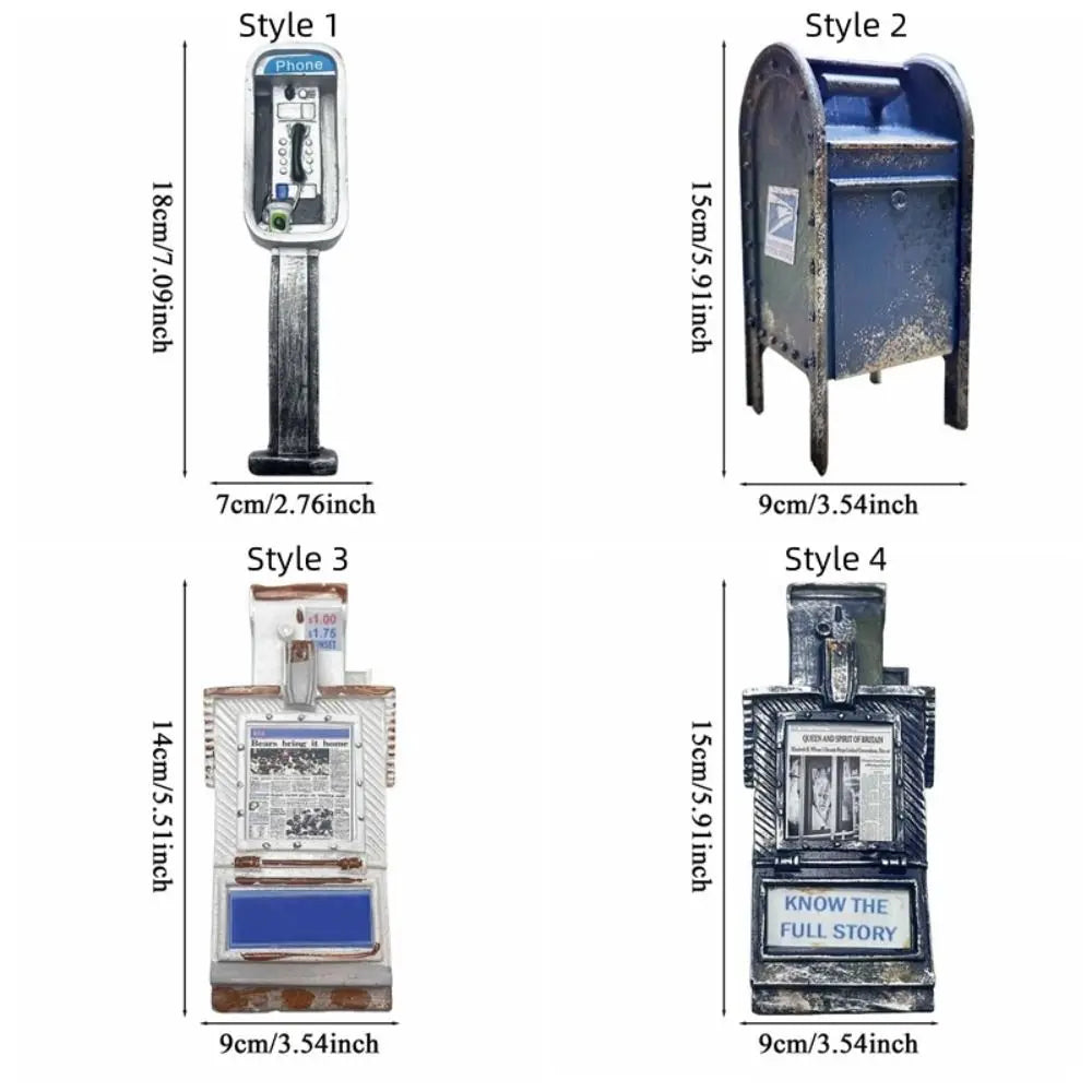 Four styles of vintage-style miniature payphones shown in different configurations and sizes.