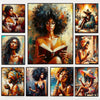 A collage of nine paintings featuring African American women reading books in various styles and settings.