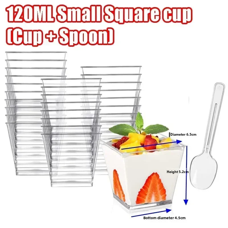 A set of 120ml small square clear plastic dessert cups with spoons for serving parfaits and appetizers.