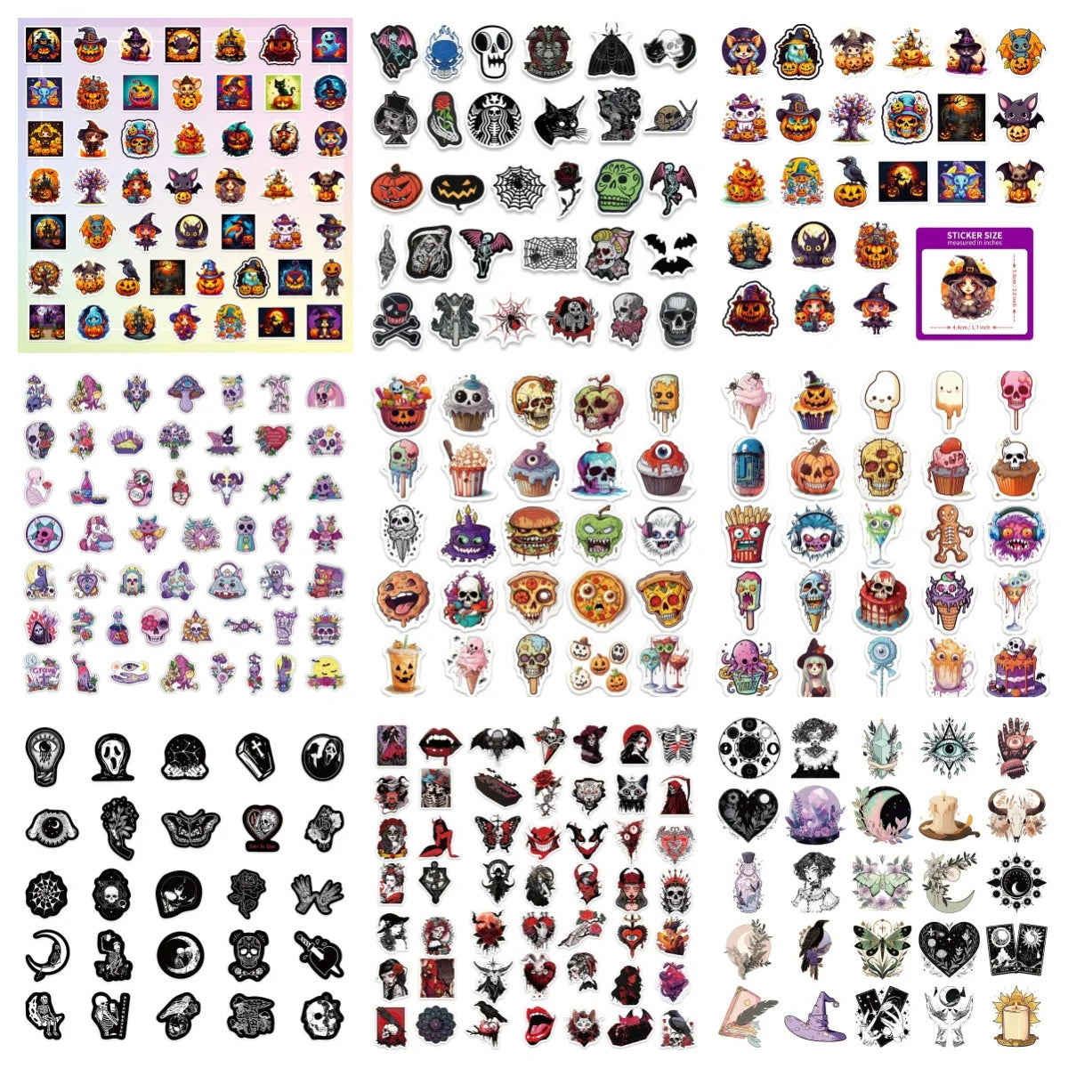 A collection of various skeleton-themed Halloween stickers and decals for laptops and other surfaces.